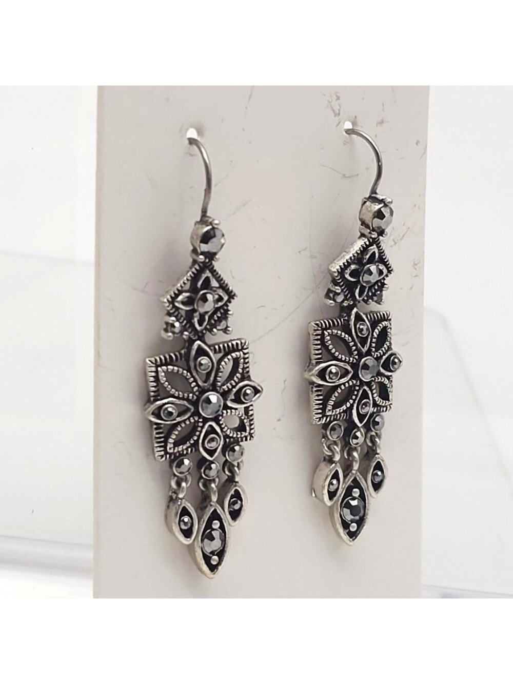Vintage Silver Tone Filigree Dangle Earrings Black Rhinestone Hook Drop Statemen